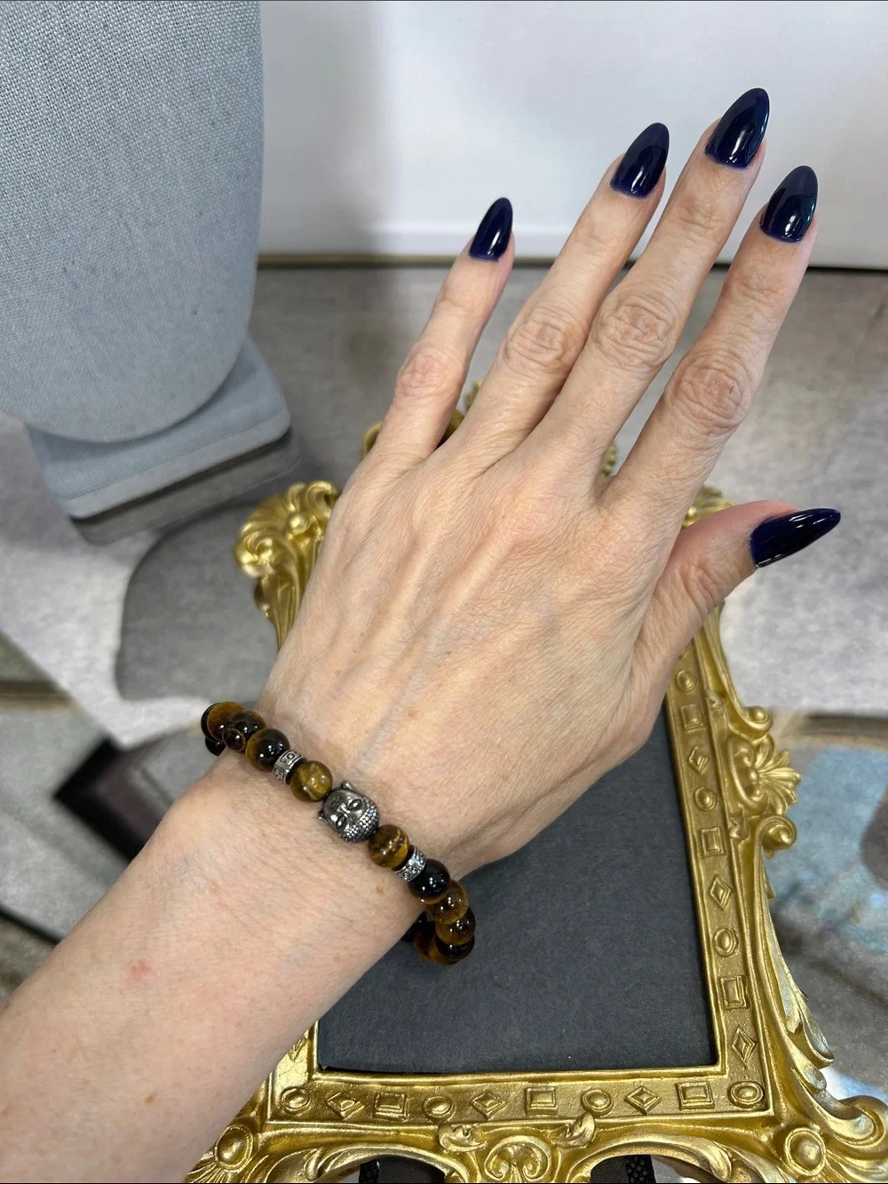 Tiger Eye Beaded Stretch Bracelet with Buddha Accent
